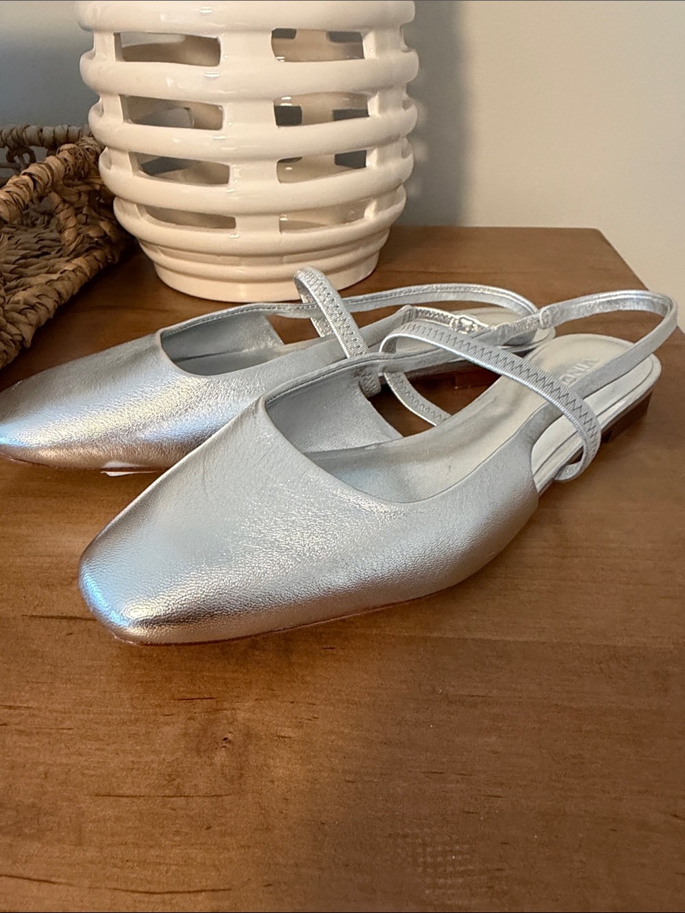 Vince Metallic Silver Slingback Flats with Elastic Strap